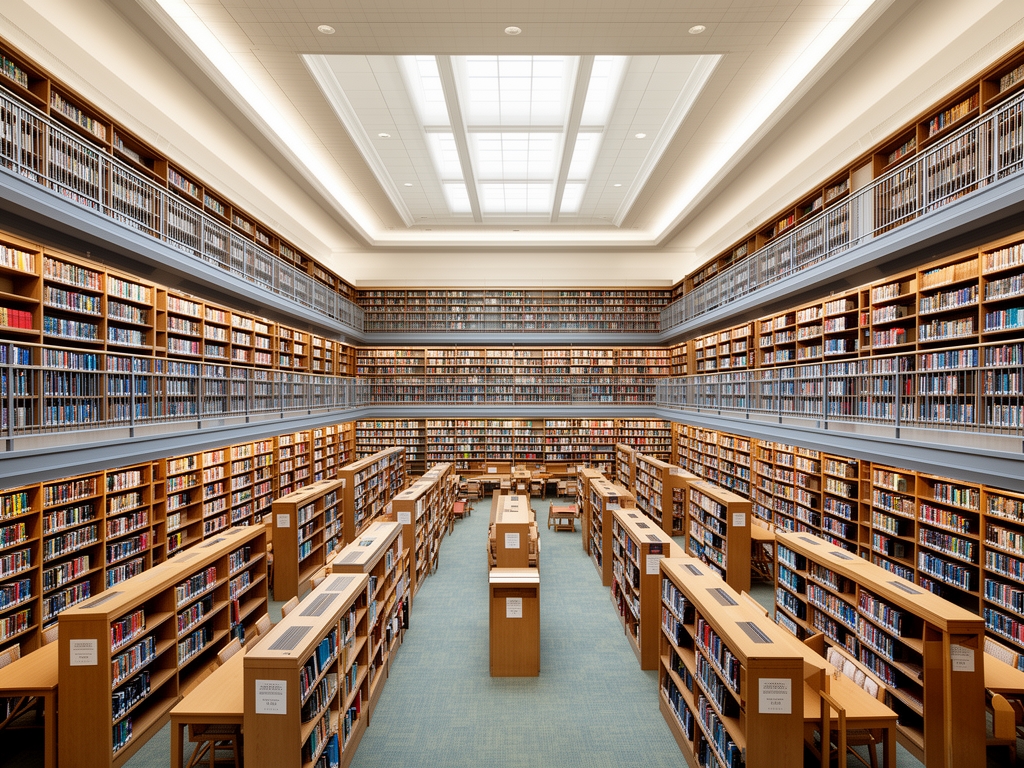 Grande bibliothèque institutionnelle avec des rangées d'étagères en bois sombre chargées de livres reliés, lumière tamisée par des fenêtres hautes et atmosphère académique solennelle