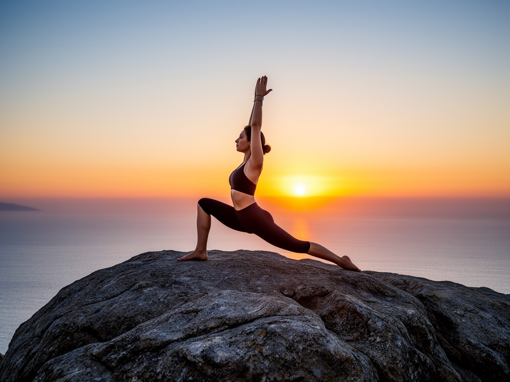 Personne pratiquant le yoga au lever du soleil sur un rocher face à l'océan, posture équilibrée, ciel orangé et violet en arrière-plan