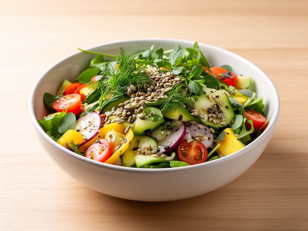 Bol de salade colorée avec légumes frais, herbes aromatiques, graines et vinaigrette légère sur une table en bois clair, éclairage naturel doux